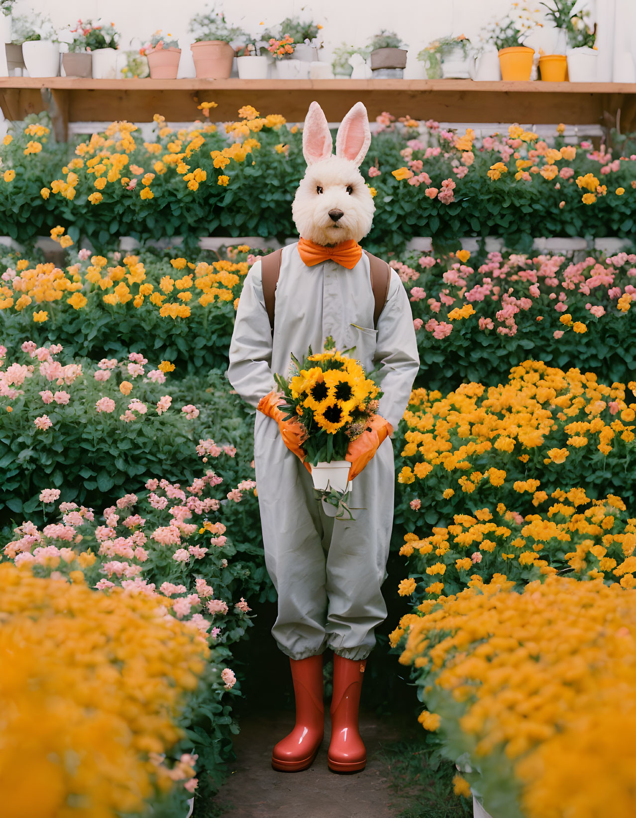 Person in Rabbit Mask with Sunflowers in Overalls and Red Boots