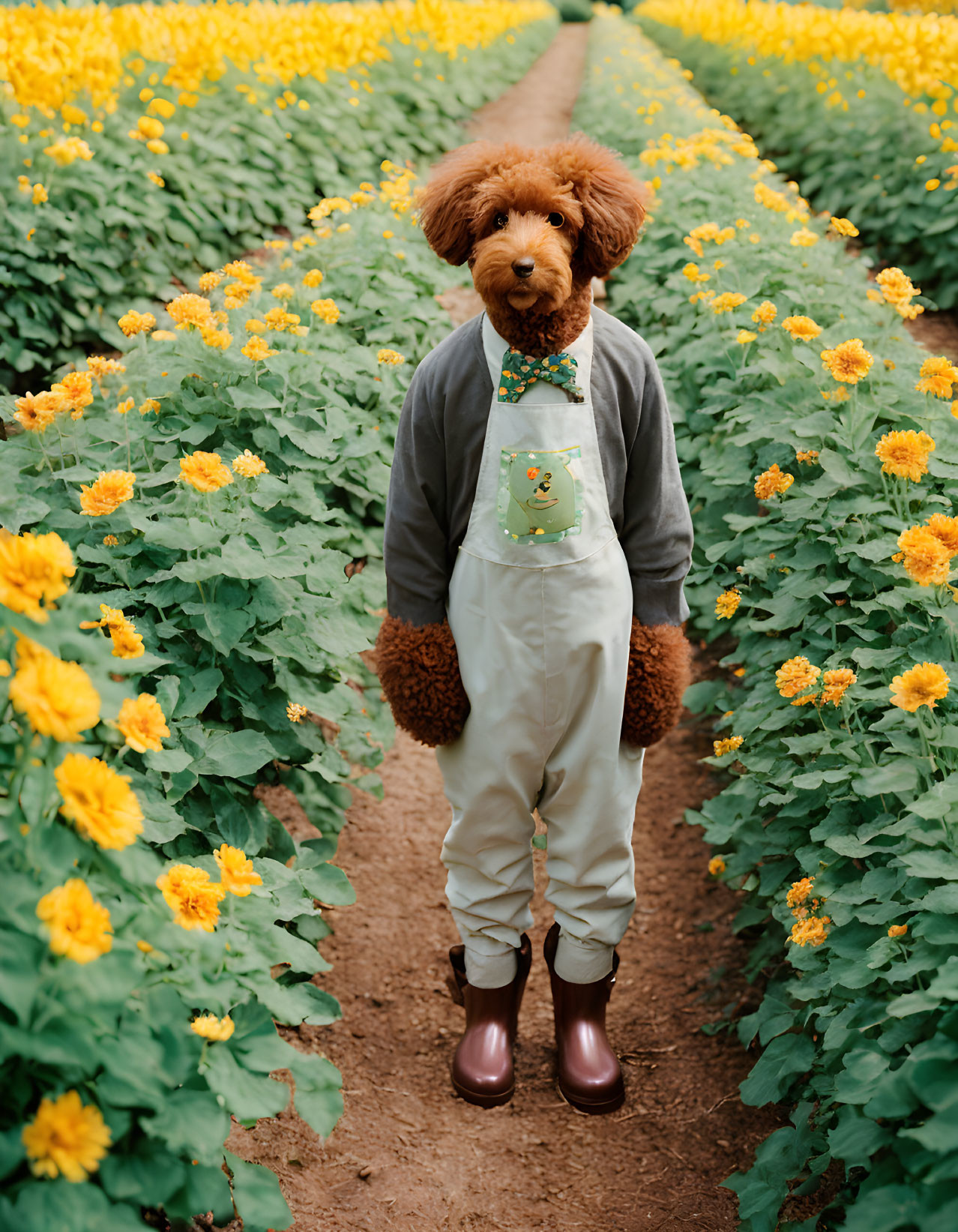 Person with Dog's Head in Overalls Surrounded by Yellow Flowers