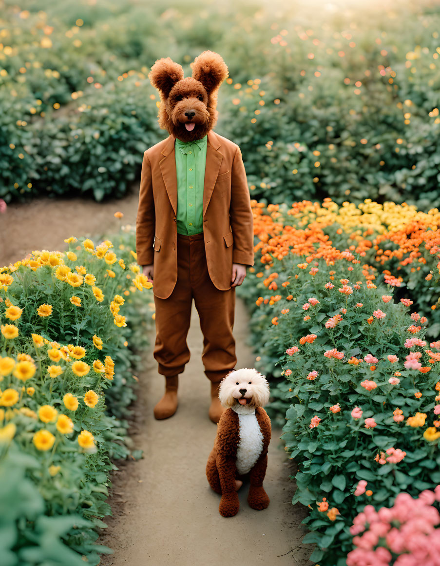 Person in teddy bear head costume with poodle in matching attire in flower field