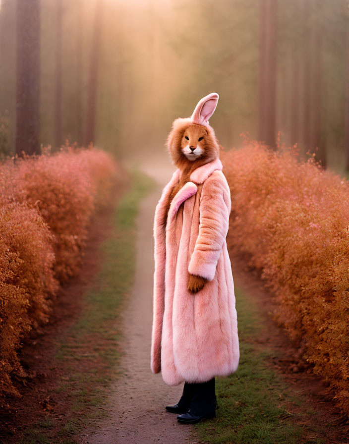 Person in furry pink coat with bunny head in misty forest path among autumnal bushes