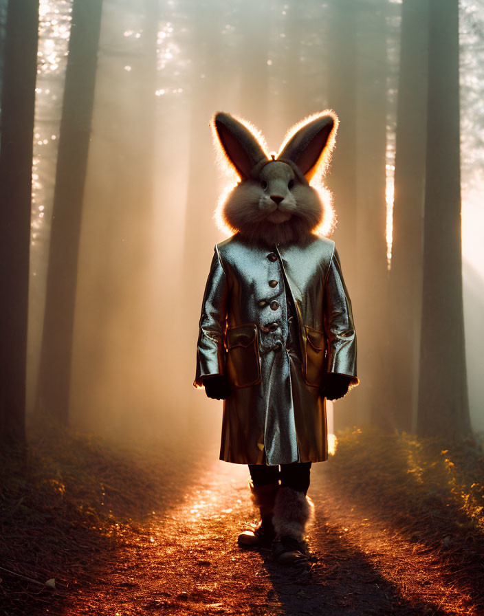 Person in rabbit costume in misty forest with sunlight rays