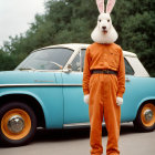 Person in Orange Jumpsuit with Rabbit Head Mask by Vintage Blue Car