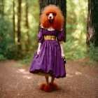 Clown costume with red hair and purple dress in forest setting