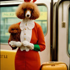 Whimsical costume person with dog-like head in train carriage with toy poodle