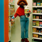 Poodle with human body in red sweater and jeans holds milk carton in grocery aisle