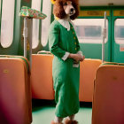 Person in green vintage dress and lion mask inside retro train carriage