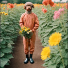 Person in Tan Jumpsuit with Dog Mask in Sunflower Field