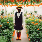 Person in Teddy Bear Mask Surrounded by Marigold Plants in Greenhouse