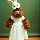 Brown Poodle Dog in White Dress and Bunny Hat on Green Background