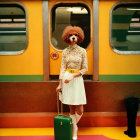 Person in Lion Mask with Green Suitcase by Train