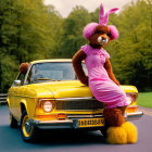 Person in bear costume with bunny ears and pink dress by yellow car in green setting