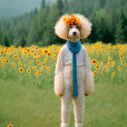 Fluffy white poodle with flowers and glasses in sunflower field