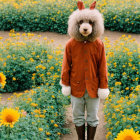 Person in poodle mask surrounded by sunflowers in autumn attire