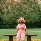 Person in Pink Outfit with Lion Mask and Bunny Ears Surrounded by Sunflowers on Bench