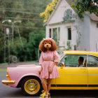 Person in Lion Head Mask and Pink Dress by Vintage Car and House with Trees