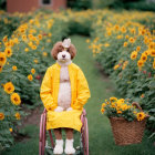 Yellow raincoat poodle in pink wheelchair surrounded by sunflowers and flowers basket