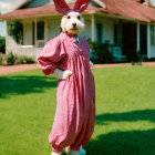 Pink Bunny Costume Standing in Front of House with Green Lawn