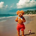 Dog in red shorts and bow tie on beach with toy companion