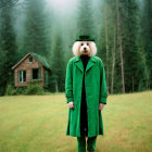 Green-coated person with oversized fluffy dog face in forest clearing by cabin