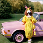 Whimsical brown bunny costume with yellow dress beside pink vintage car