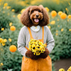 Brown Poodle in Yellow Pants Holding Flowers in Flower Field