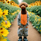 Person in full-body dog costume in sunflower field with blue overalls and orange apron