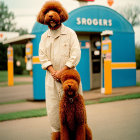 Red poodle in trench coat and wig at "Srogers" booth