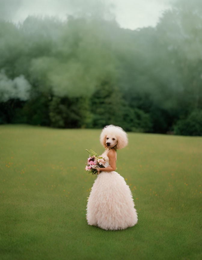 White Poodle Holding Bouquet in Grassy Field With Forest Background