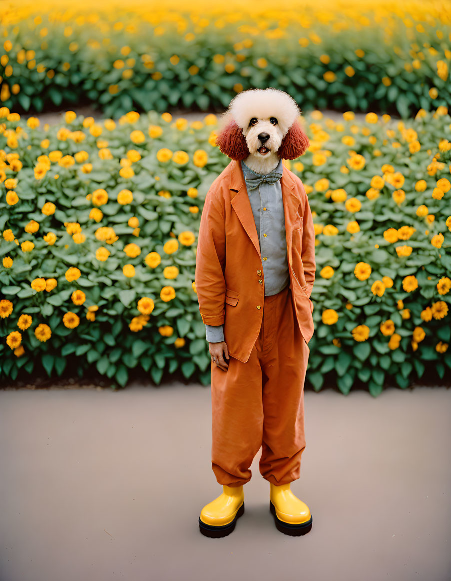 Fluffy-coated dog in orange suit with colorful ears and yellow boots among yellow flowers