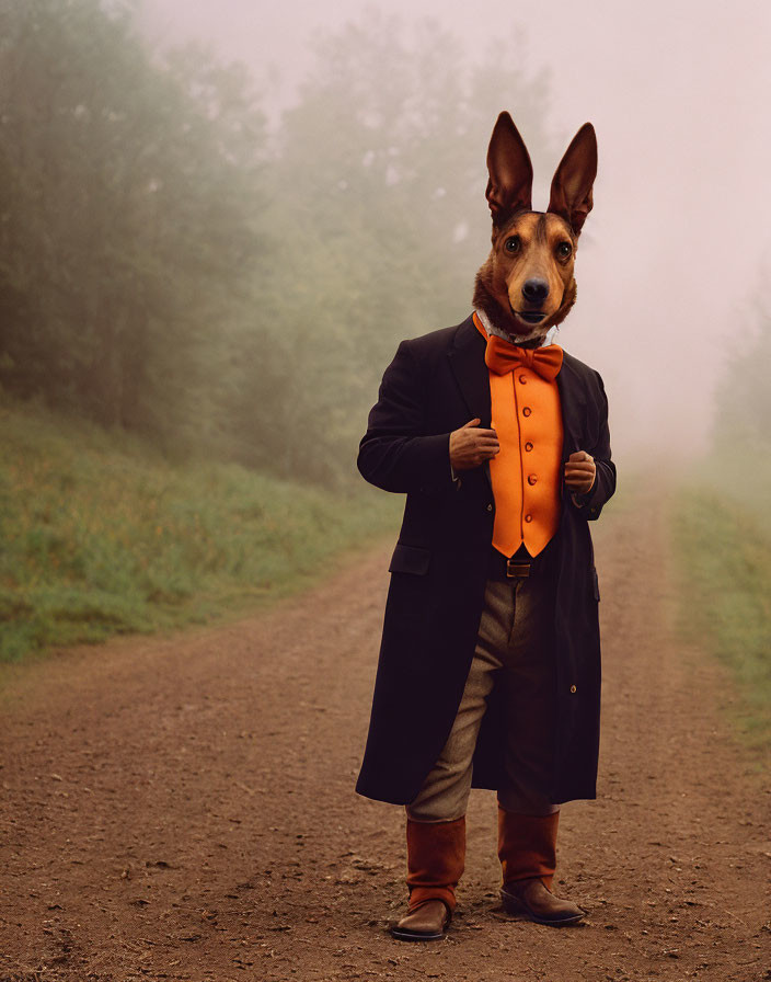 Dog in Suit with Human-Like Body on Misty Path