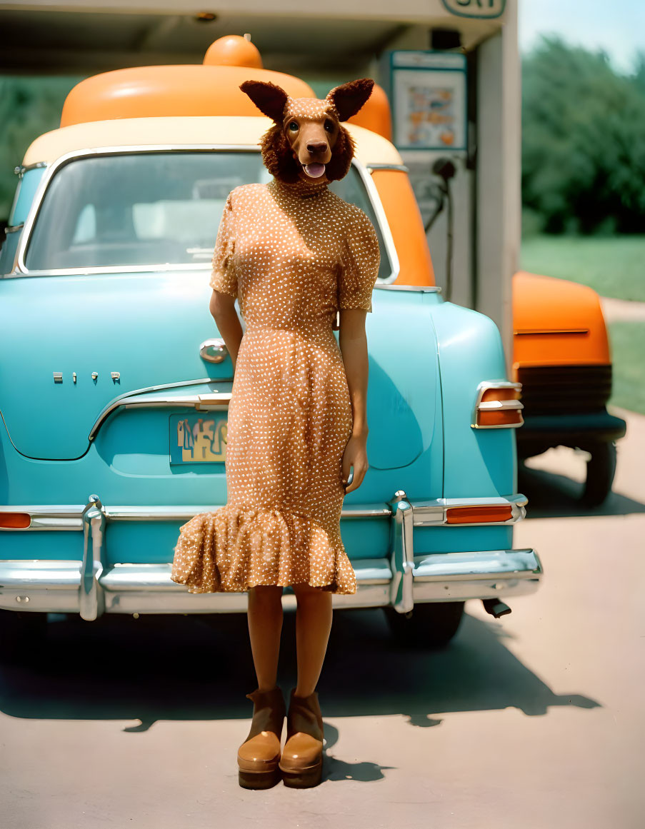 Polka-dot dress and dog mask person by vintage blue car