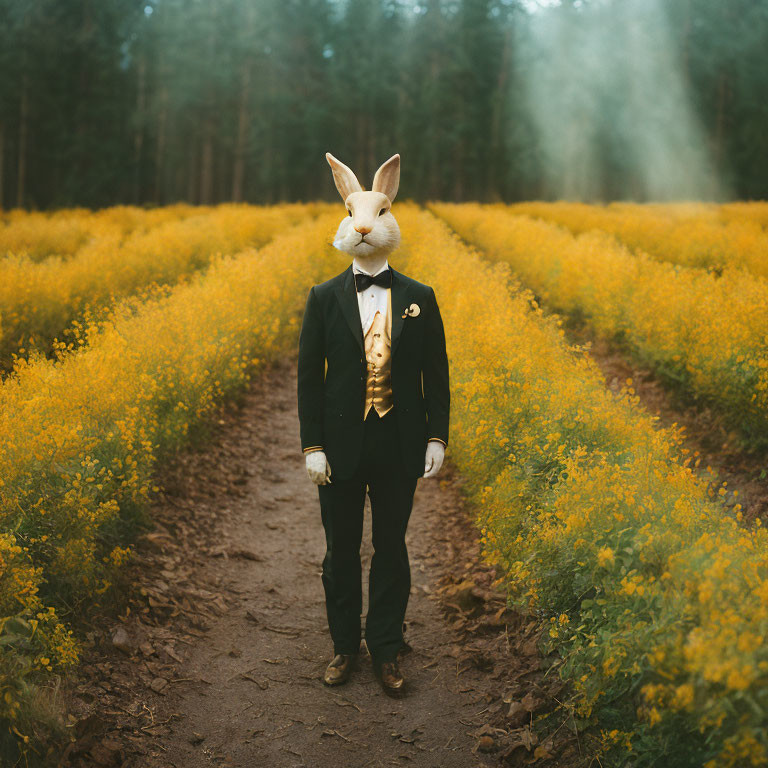 Person in Suit with Rabbit Head in Yellow-Flowered Field with Misty Forest