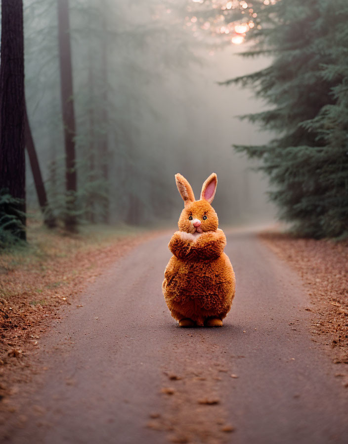 Plush Rabbit Toy in Misty Forest Setting