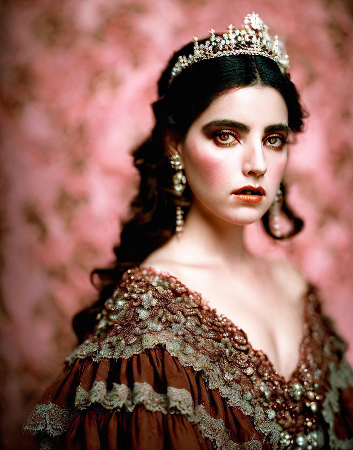 Dark-haired woman in tiara and Victorian dress against pink floral background