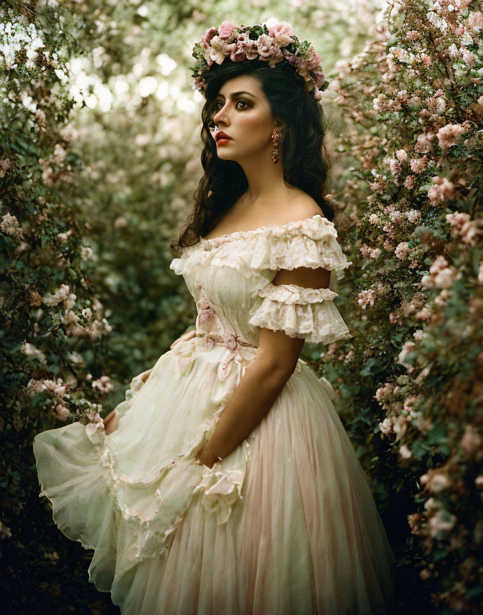 Vintage Pastel Dress Woman Amidst Blooming Bushes