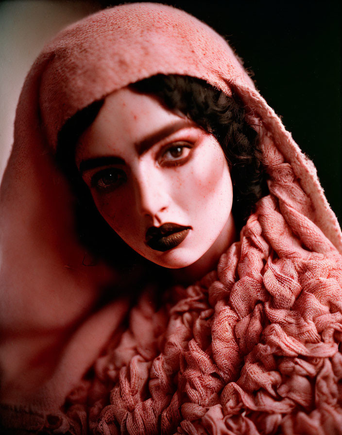 Intense gaze of person in dark lipstick with red textured hood