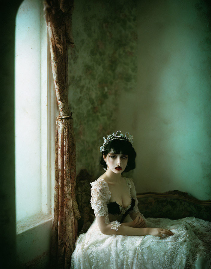 Vintage Attire Woman with Tiara Sitting on Bed in Room with Peeling Wallpaper