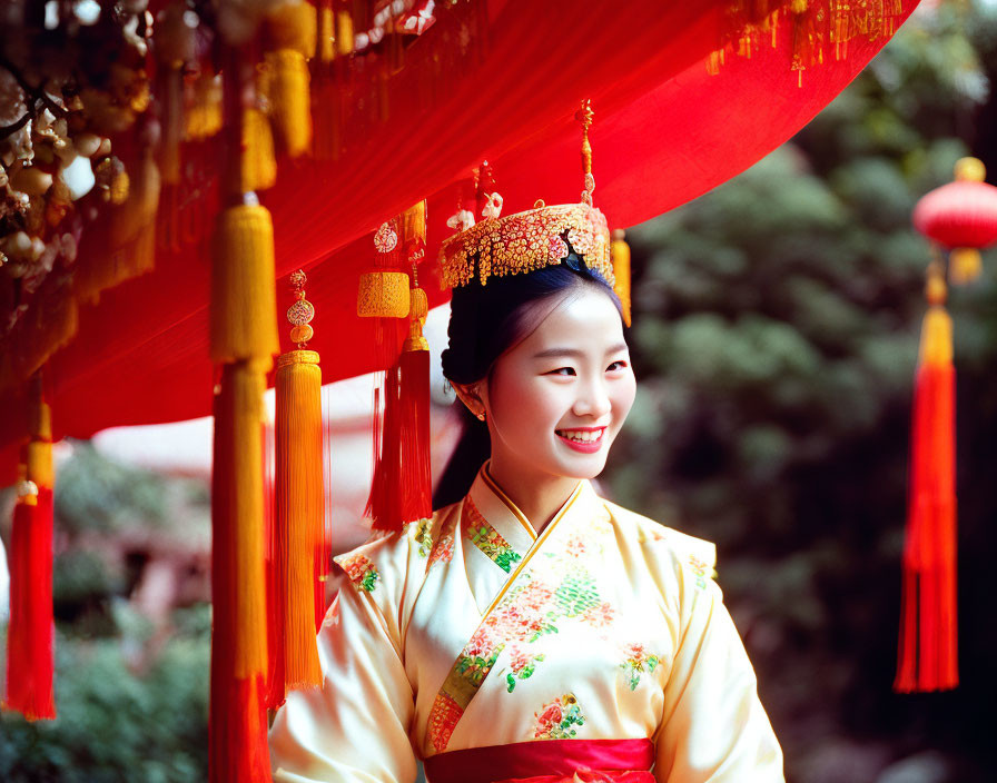 Smiling woman in ornate gold Chinese dress under red lanterns