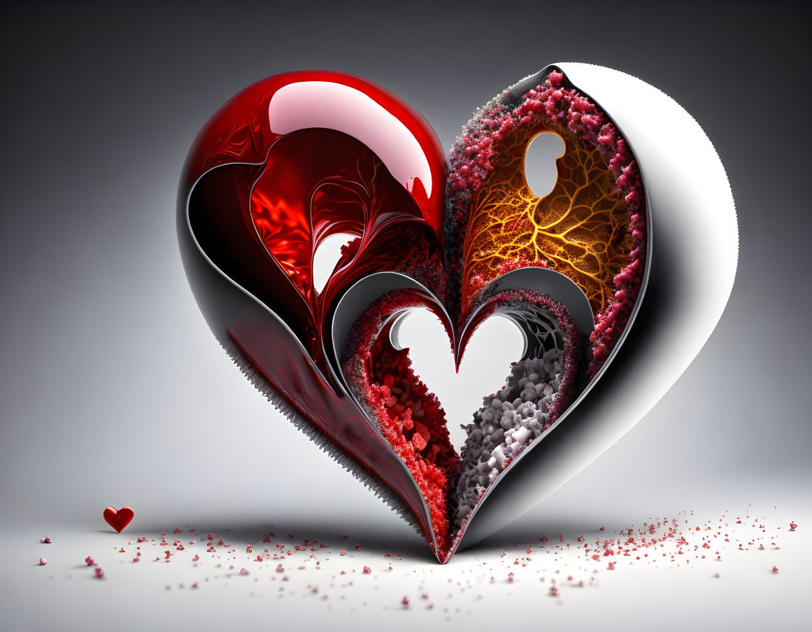 3D fractal heart split in two with intricate patterns on gray background