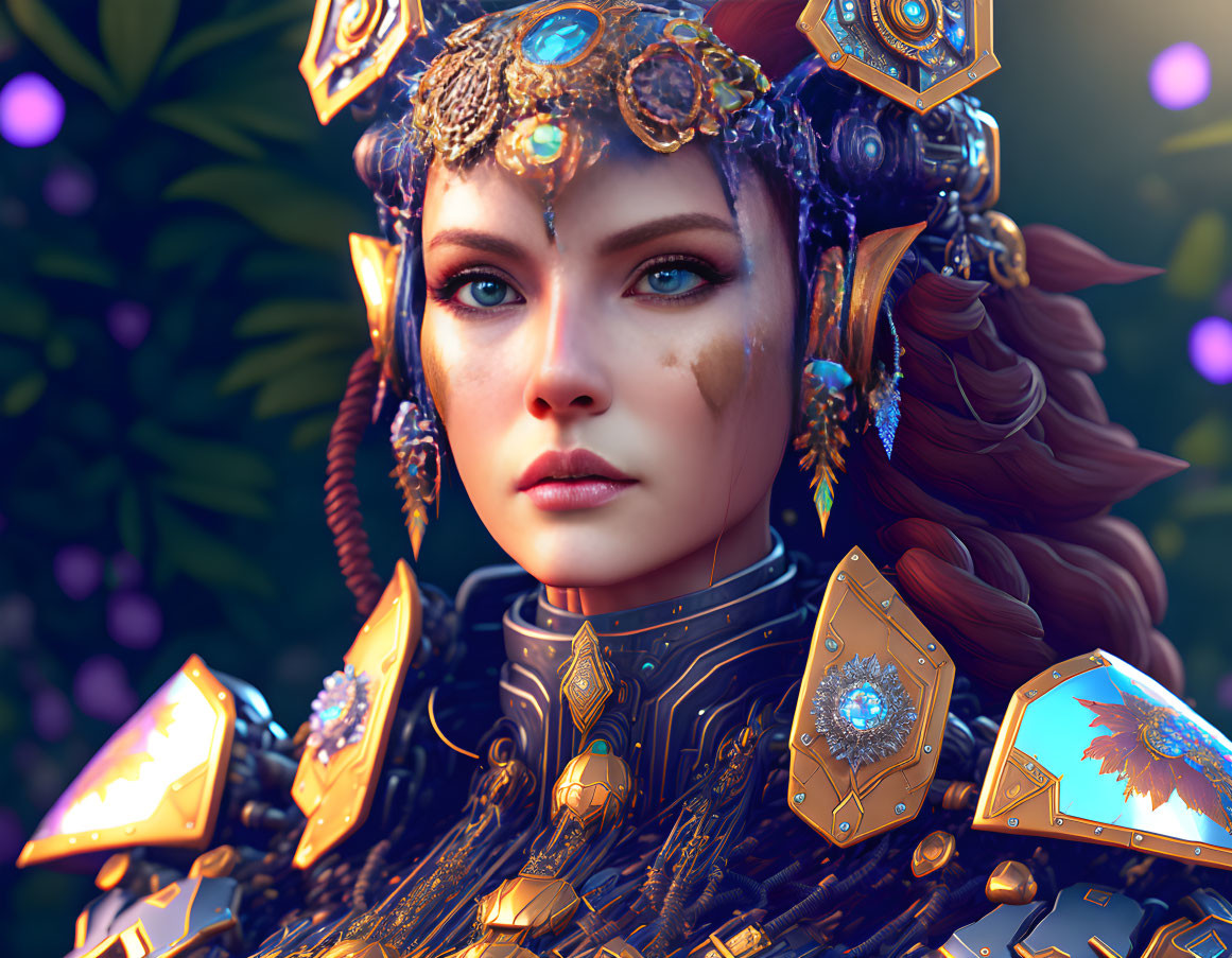 Female character digital portrait in gold and blue armor with vibrant eyes and lush foliage backdrop