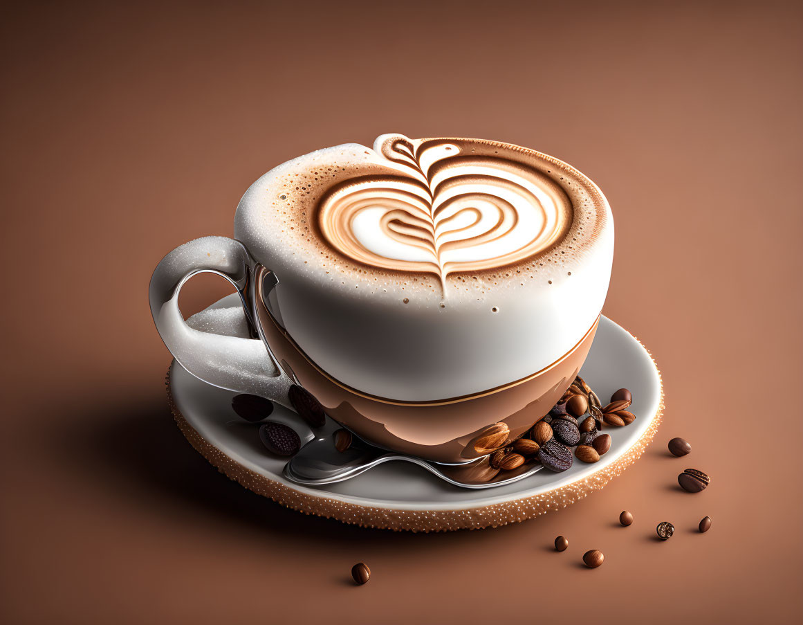 Latte art heart on cup with scattered coffee beans on saucer