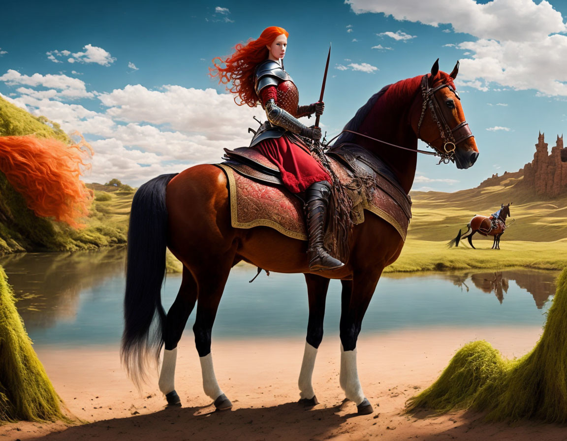 Fiery Red-Haired Warrior Woman in Medieval Armor on Brown Horse with Spear in Rolling Hills and Castle