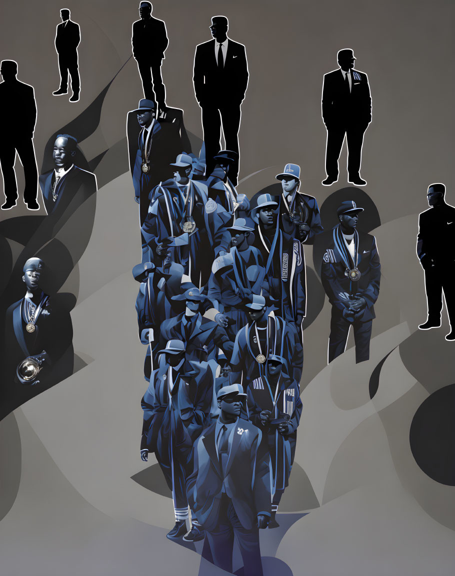 Stylized men in blue suits and hats with brass instruments against a silhouette background