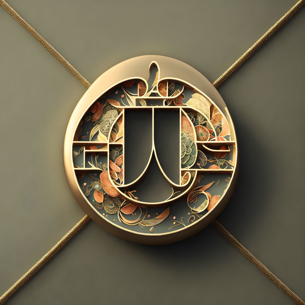 Intricate gold and floral designs on ornate letter "U" on gray background