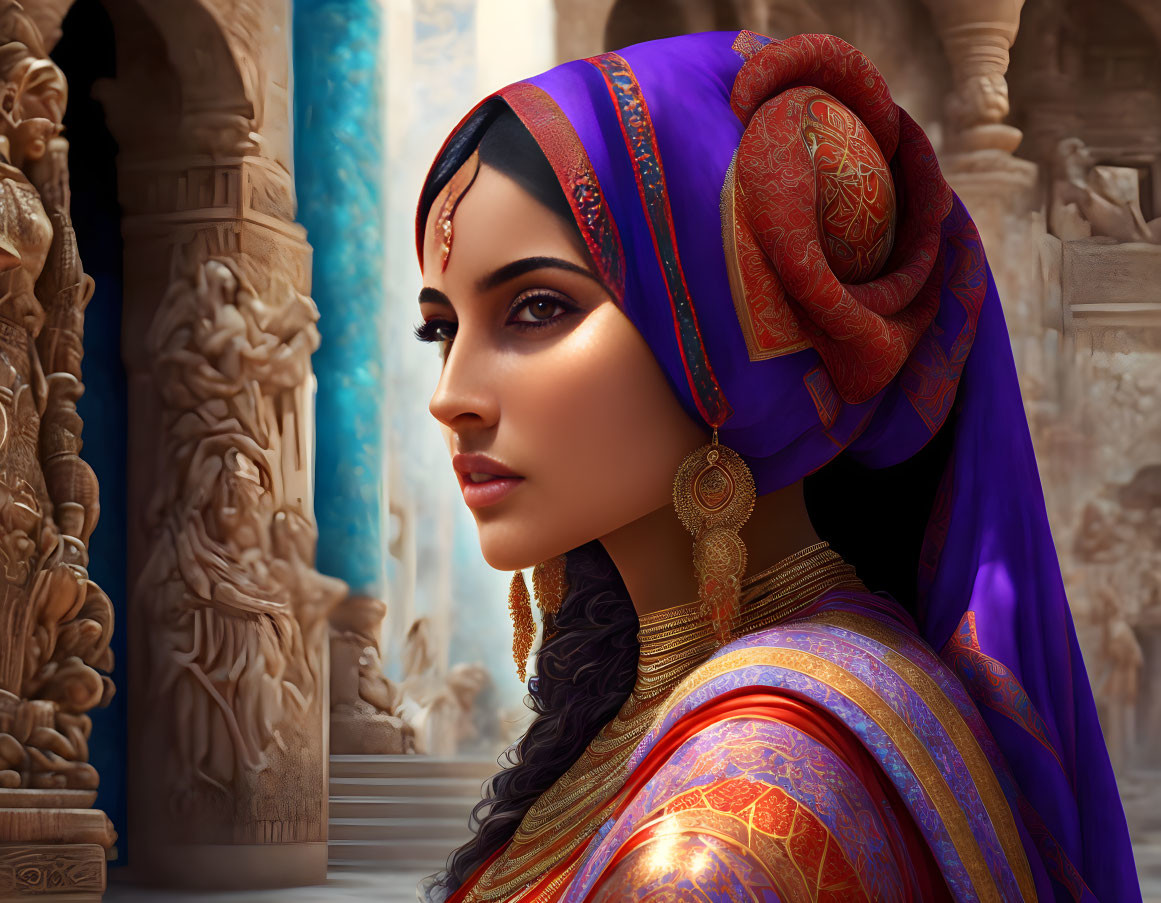 Traditional Indian woman in vibrant attire with blue headscarf and gold earrings, standing by ancient pillars