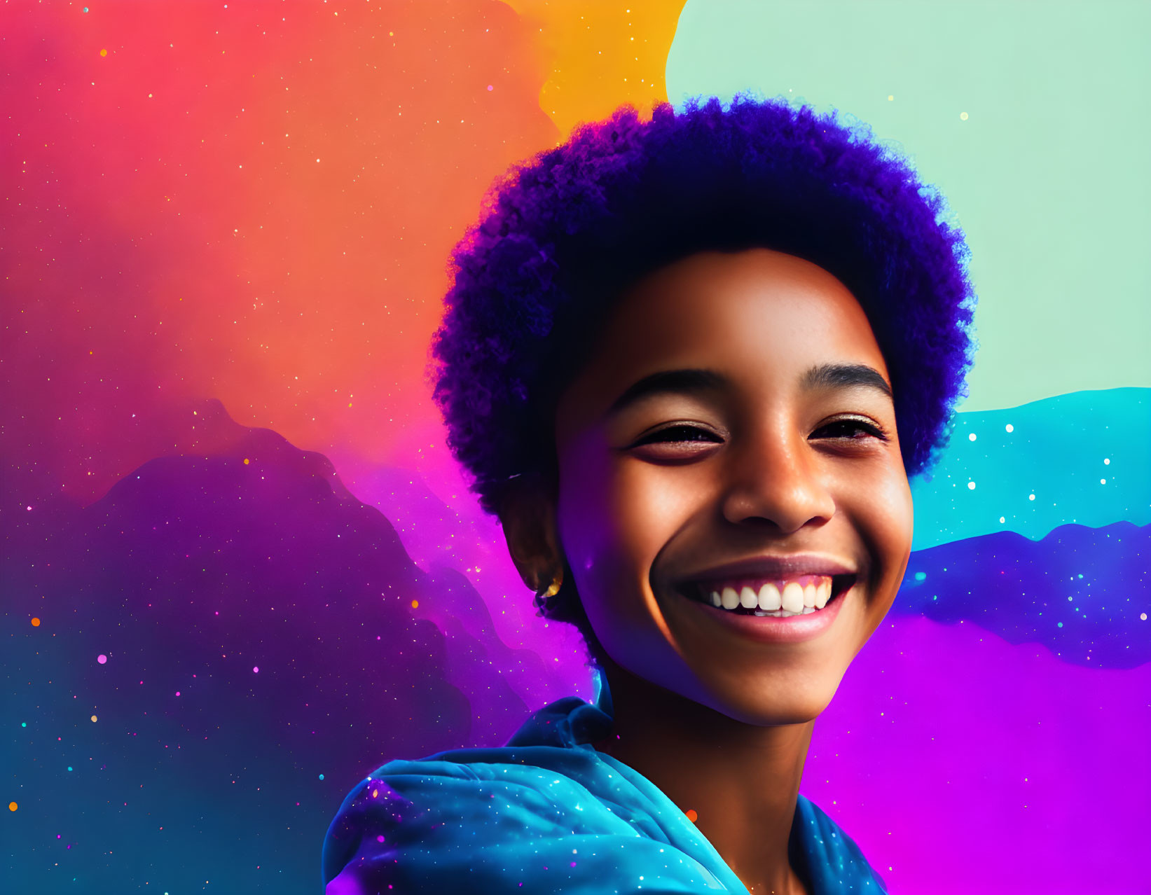 Smiling person with afro hairstyle in blue shirt on colorful space backdrop