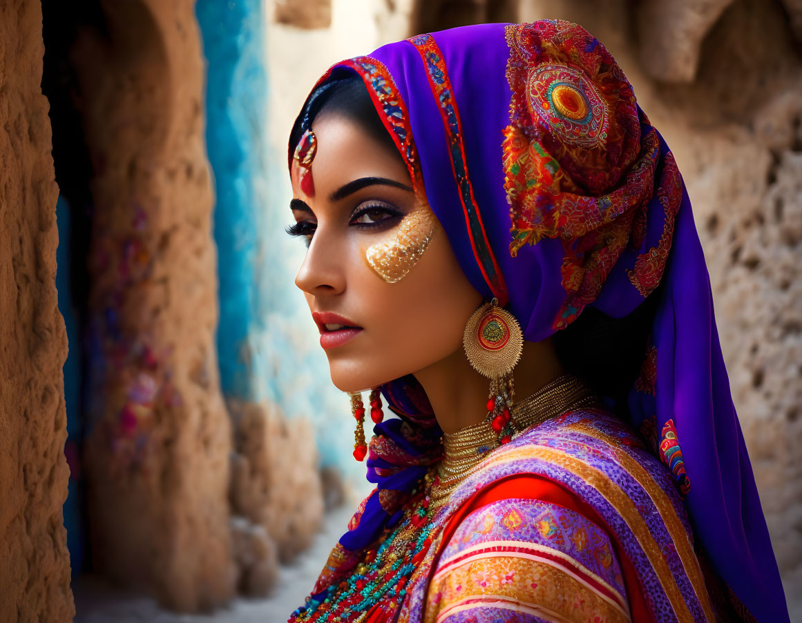 Traditional Indian Attire Woman with Elaborate Jewelry and Bindi Pose