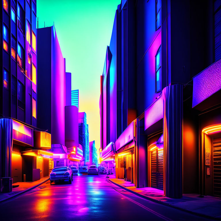 Colorful neon-lit city street at night with modern buildings and parked cars