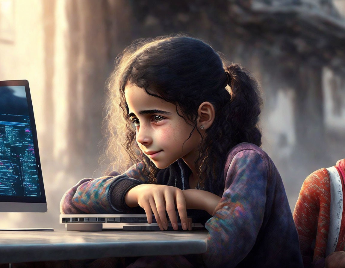 Curly-Haired Girl Looking at Laptop Screen Outdoors with Trees