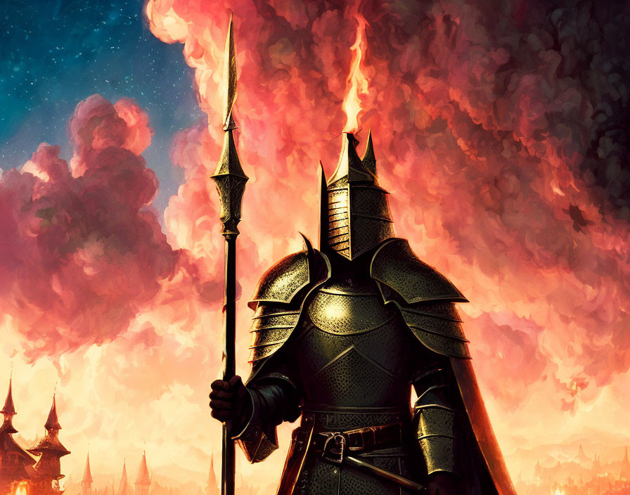 Armored knight with spear in front of fiery clouds and castle spires.